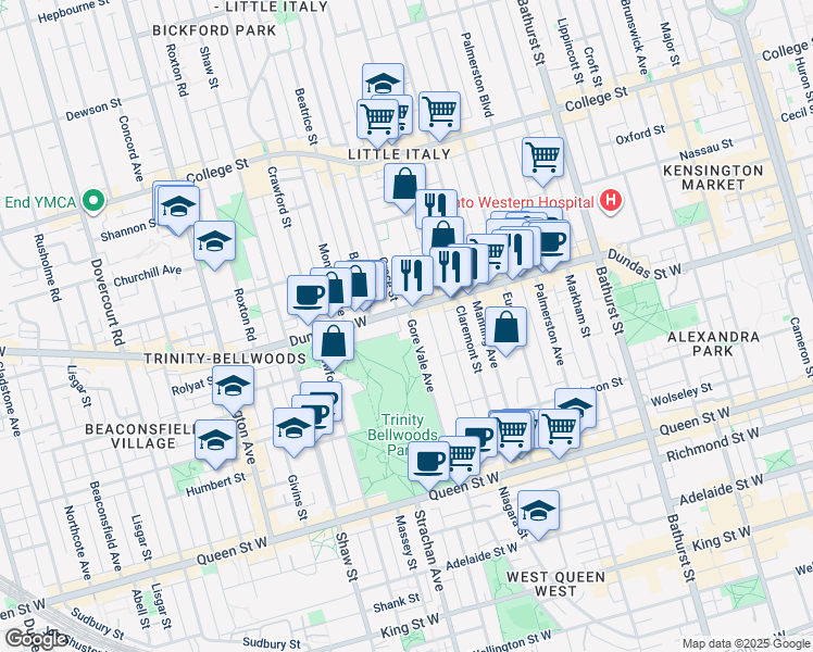 map of restaurants, bars, coffee shops, grocery stores, and more near 160 Gore Vale Avenue in Toronto