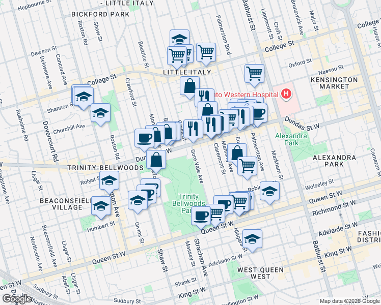 map of restaurants, bars, coffee shops, grocery stores, and more near 160 Gore Vale Avenue in Toronto