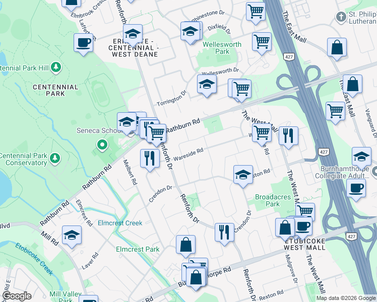map of restaurants, bars, coffee shops, grocery stores, and more near in Toronto