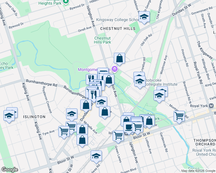 map of restaurants, bars, coffee shops, grocery stores, and more near 1320 Islington Avenue in Toronto