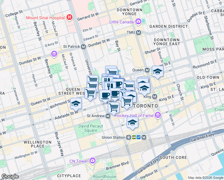 map of restaurants, bars, coffee shops, grocery stores, and more near 121 Richmond Street West in Toronto