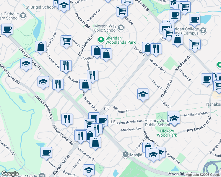 map of restaurants, bars, coffee shops, grocery stores, and more near 22 Tamworth Court in Brampton