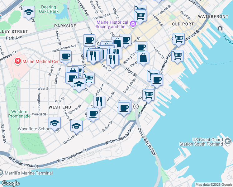 map of restaurants, bars, coffee shops, grocery stores, and more near 42 Gray Street in Portland
