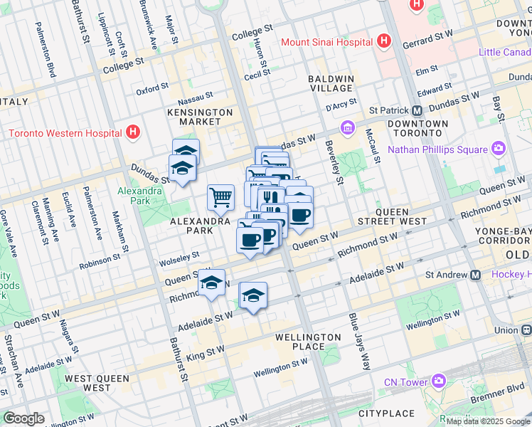 map of restaurants, bars, coffee shops, grocery stores, and more near in Toronto