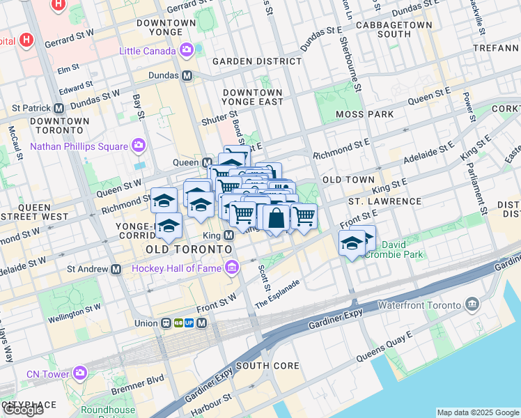 map of restaurants, bars, coffee shops, grocery stores, and more near 15 Toronto Street in Toronto
