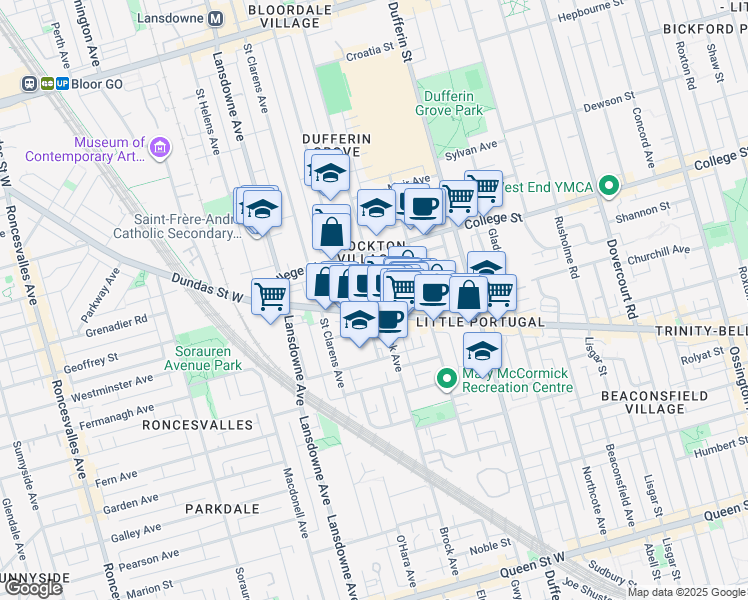 map of restaurants, bars, coffee shops, grocery stores, and more near 280 Brock Avenue in Toronto