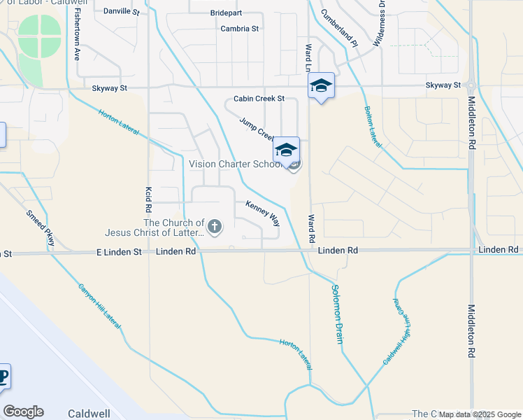 map of restaurants, bars, coffee shops, grocery stores, and more near Kenney Way in Caldwell
