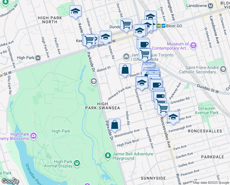 map of restaurants, bars, coffee shops, grocery stores, and more near 206 Howard Park Avenue in Toronto