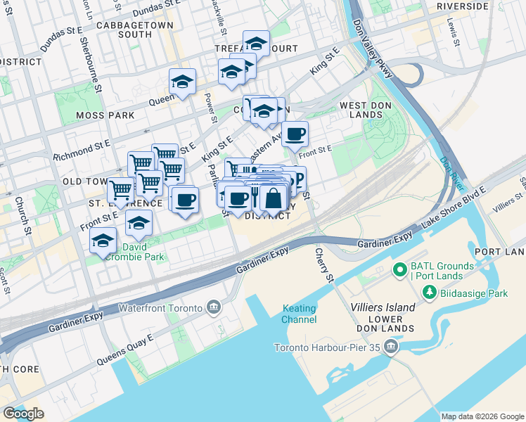 map of restaurants, bars, coffee shops, grocery stores, and more near in Toronto