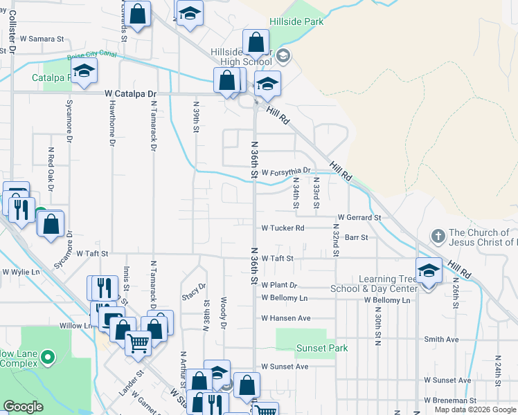 map of restaurants, bars, coffee shops, grocery stores, and more near 3474 West Gerrard Street in Boise