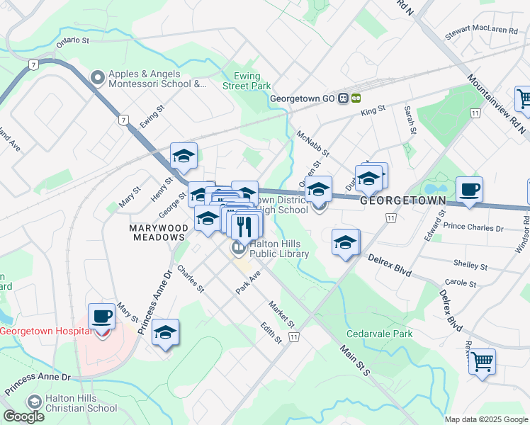 map of restaurants, bars, coffee shops, grocery stores, and more near 62 Park Avenue in Halton Hills