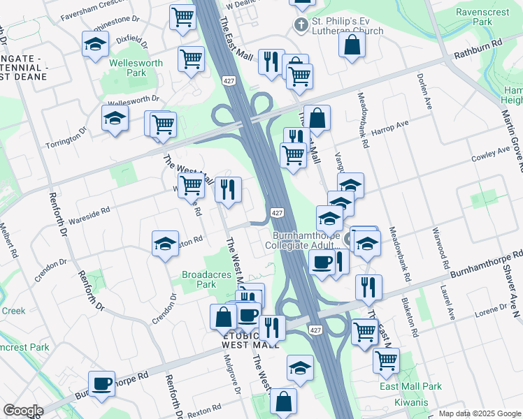 map of restaurants, bars, coffee shops, grocery stores, and more near 11 Applewood Lane in Toronto