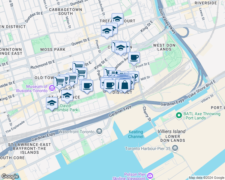 map of restaurants, bars, coffee shops, grocery stores, and more near 30 Gristmill Lane in Toronto