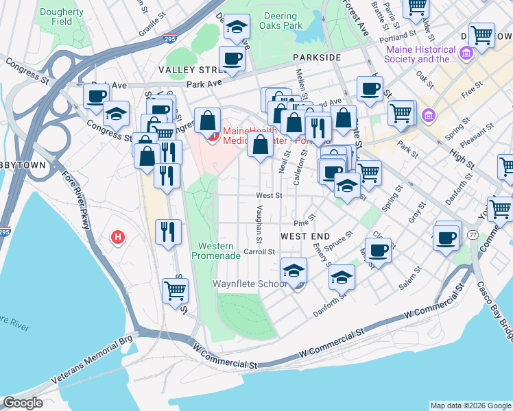 map of restaurants, bars, coffee shops, grocery stores, and more near 176 Vaughan Street in Portland