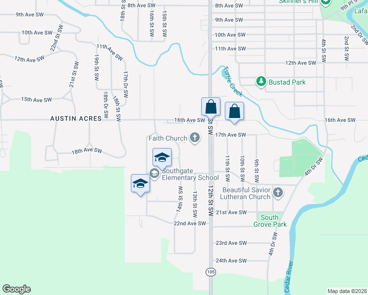 map of restaurants, bars, coffee shops, grocery stores, and more near 1802 14th Street Southwest in Austin
