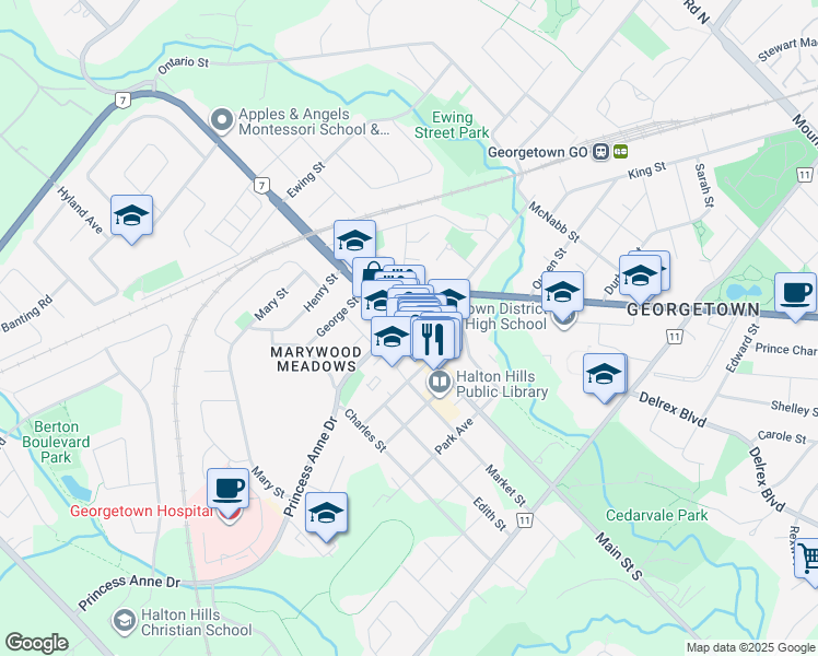 map of restaurants, bars, coffee shops, grocery stores, and more near in Halton Hills