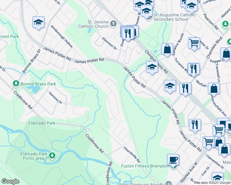 map of restaurants, bars, coffee shops, grocery stores, and more near 84 Leadership Drive in Brampton