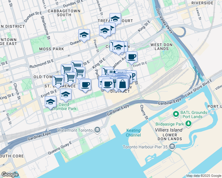 map of restaurants, bars, coffee shops, grocery stores, and more near 33 Mill Street in Toronto