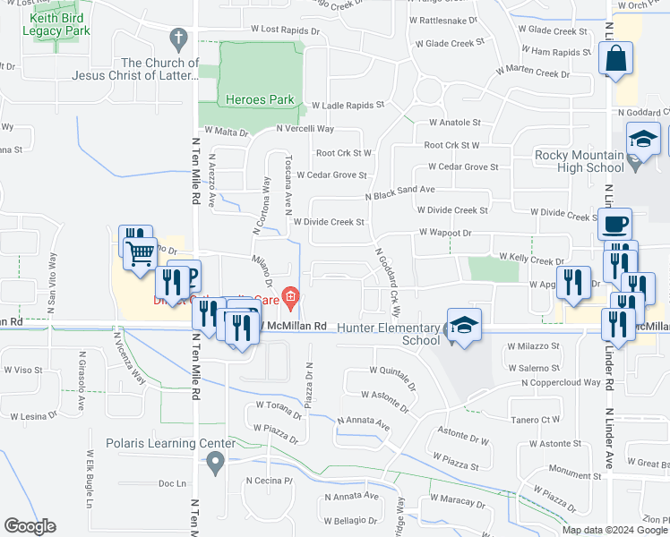 map of restaurants, bars, coffee shops, grocery stores, and more near 2766 West Selway Rapids Lane in Meridian