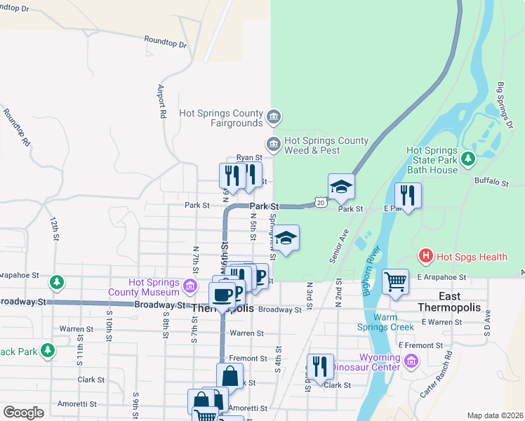 map of restaurants, bars, coffee shops, grocery stores, and more near 415 U.S. 20 in Thermopolis