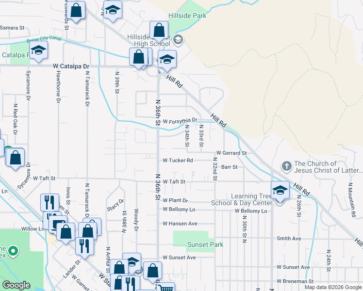 map of restaurants, bars, coffee shops, grocery stores, and more near 3474 West Gerrard Street in Boise