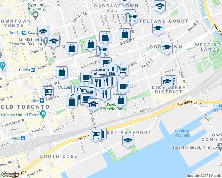 map of restaurants, bars, coffee shops, grocery stores, and more near in Toronto