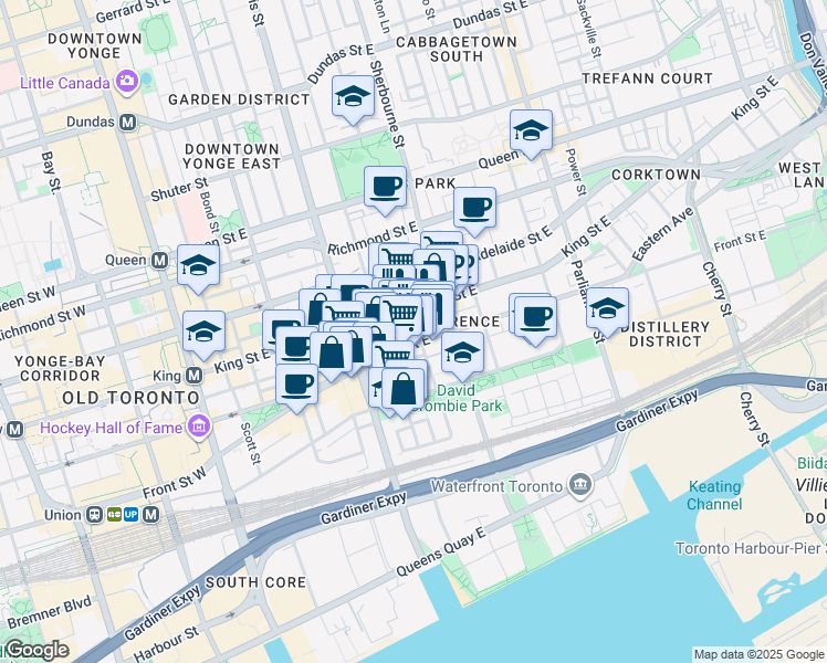 map of restaurants, bars, coffee shops, grocery stores, and more near 160 Frederick Street in Toronto