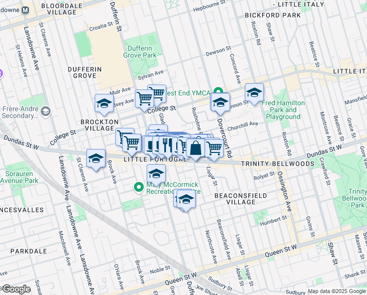 map of restaurants, bars, coffee shops, grocery stores, and more near 34 Rusholme Drive in Toronto