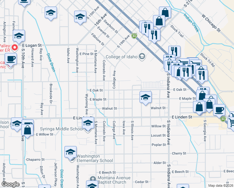 map of restaurants, bars, coffee shops, grocery stores, and more near 2219 College Avenue in Caldwell