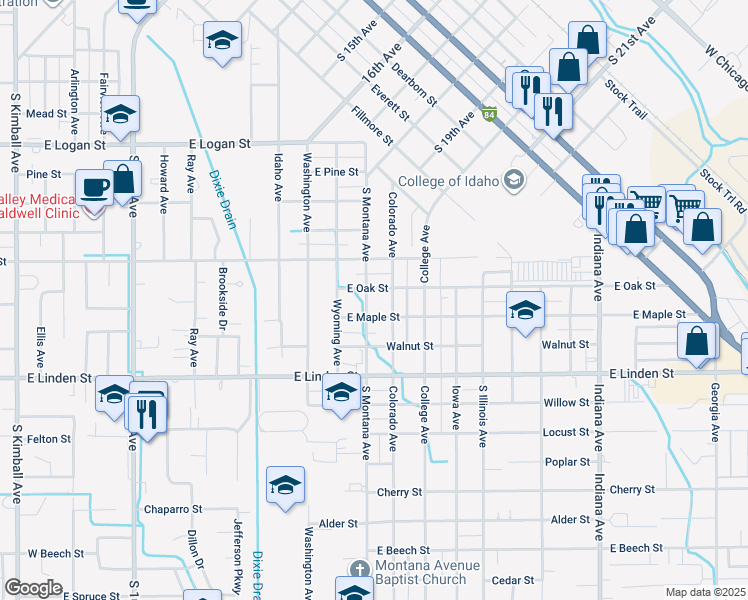 map of restaurants, bars, coffee shops, grocery stores, and more near 2220 South Montana Avenue in Caldwell