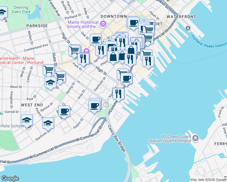 map of restaurants, bars, coffee shops, grocery stores, and more near 431 Commercial Street in Portland