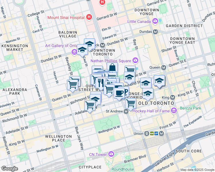 map of restaurants, bars, coffee shops, grocery stores, and more near 180 Queen Street West in Toronto