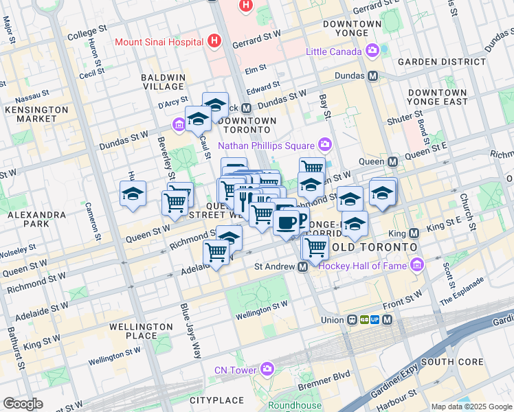 map of restaurants, bars, coffee shops, grocery stores, and more near 180 Queen Street West in Toronto
