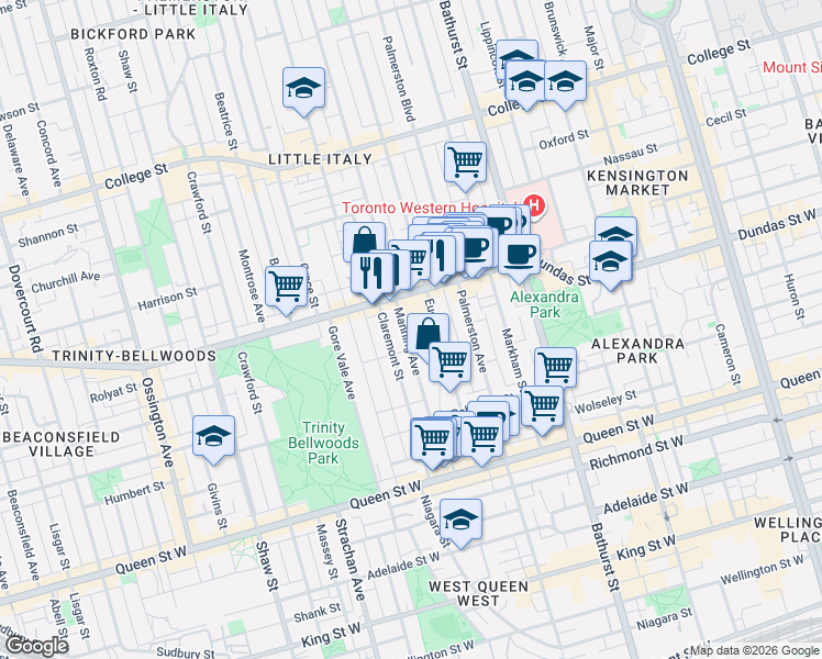 map of restaurants, bars, coffee shops, grocery stores, and more near in Toronto