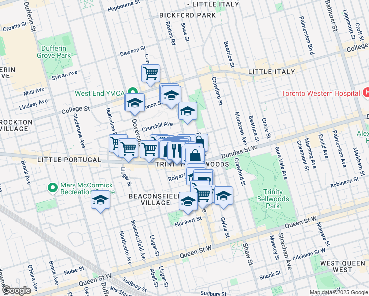 map of restaurants, bars, coffee shops, grocery stores, and more near in Toronto