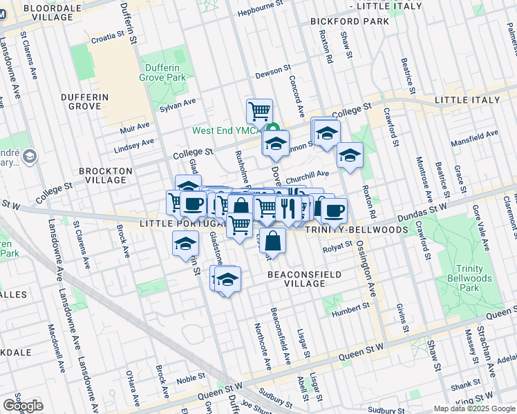 map of restaurants, bars, coffee shops, grocery stores, and more near 1305 A Dundas Street West in Toronto