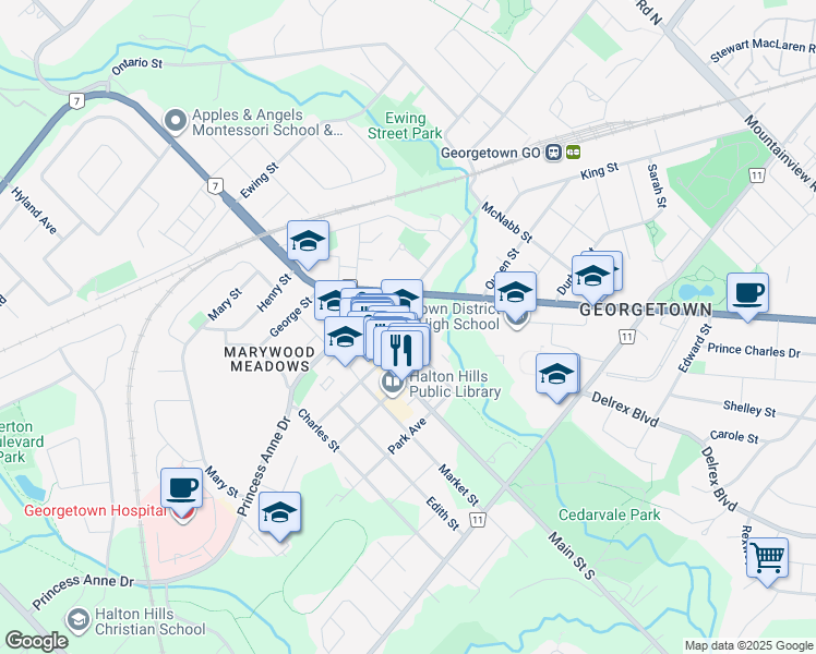 map of restaurants, bars, coffee shops, grocery stores, and more near 62 Park Avenue in Halton Hills