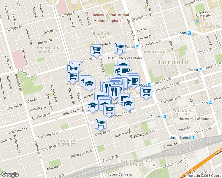 map of restaurants, bars, coffee shops, grocery stores, and more near 327-333 Queen Street West in Toronto