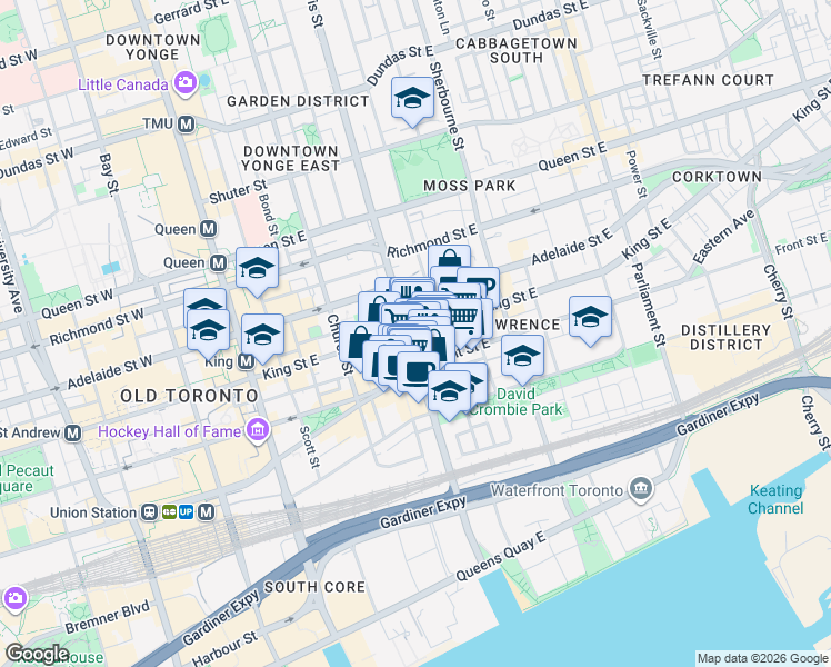 map of restaurants, bars, coffee shops, grocery stores, and more near 165 King Street East in Toronto