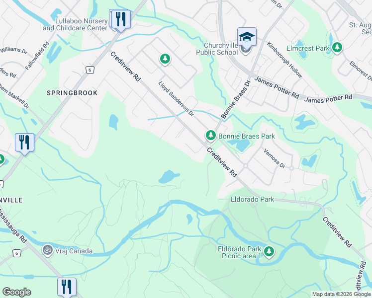 map of restaurants, bars, coffee shops, grocery stores, and more near 18 Natural Terrace in Brampton