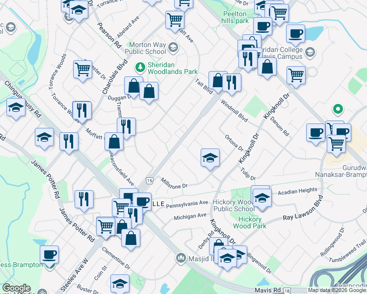 map of restaurants, bars, coffee shops, grocery stores, and more near 65 Creditstone Road in Brampton