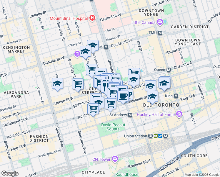 map of restaurants, bars, coffee shops, grocery stores, and more near 215 Queen Street West in Toronto