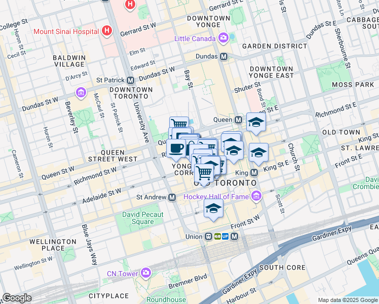 map of restaurants, bars, coffee shops, grocery stores, and more near 101 Richmond Street West in Toronto