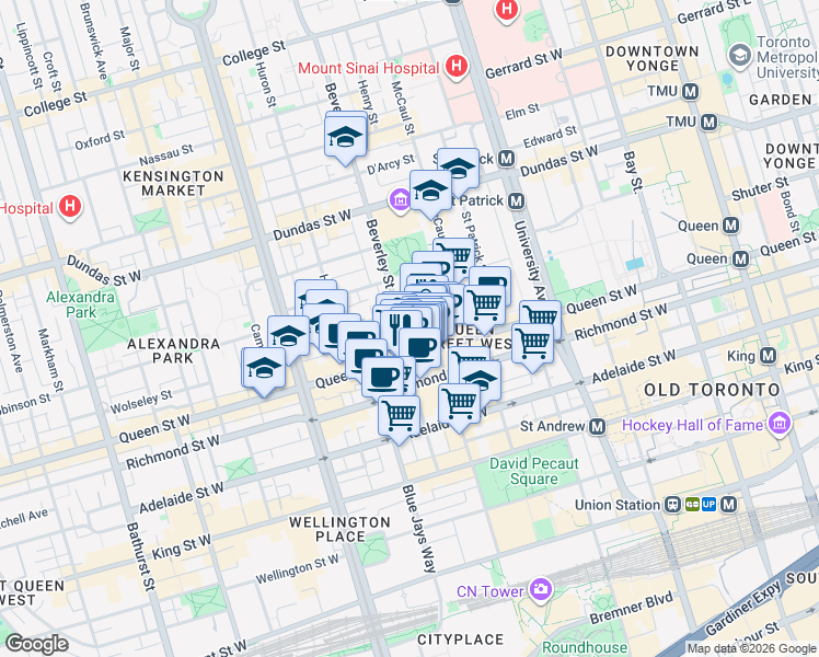 map of restaurants, bars, coffee shops, grocery stores, and more near 15 Beverley Street in Toronto