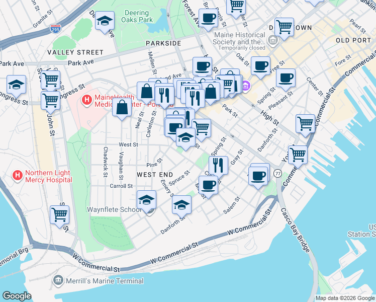 map of restaurants, bars, coffee shops, grocery stores, and more near 166 Brackett Street in Portland