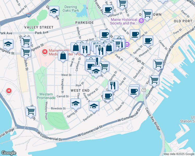 map of restaurants, bars, coffee shops, grocery stores, and more near 166 Brackett Street in Portland