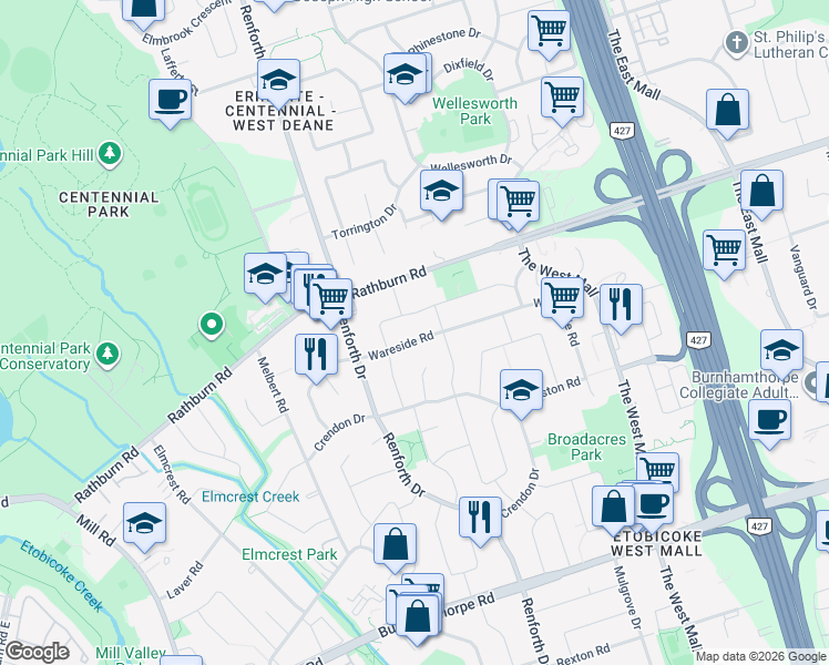 map of restaurants, bars, coffee shops, grocery stores, and more near in Toronto