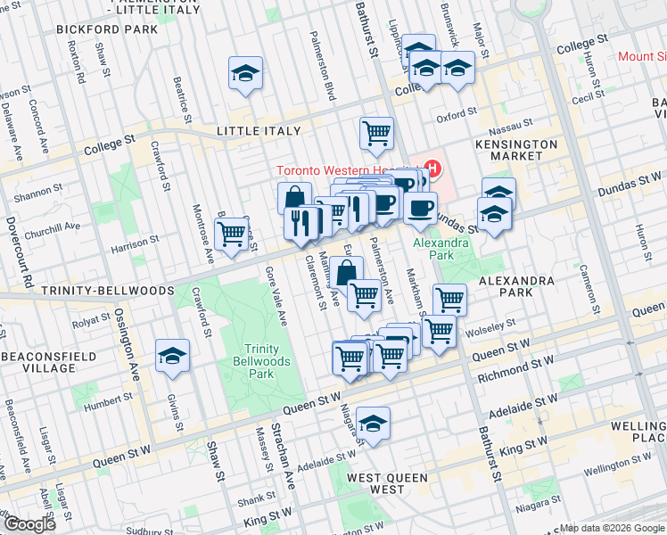 map of restaurants, bars, coffee shops, grocery stores, and more near 165 Manning Avenue in Toronto