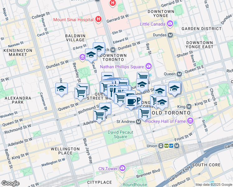 map of restaurants, bars, coffee shops, grocery stores, and more near 215 Queen Street West in Toronto