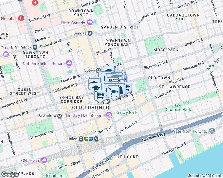 map of restaurants, bars, coffee shops, grocery stores, and more near in Toronto